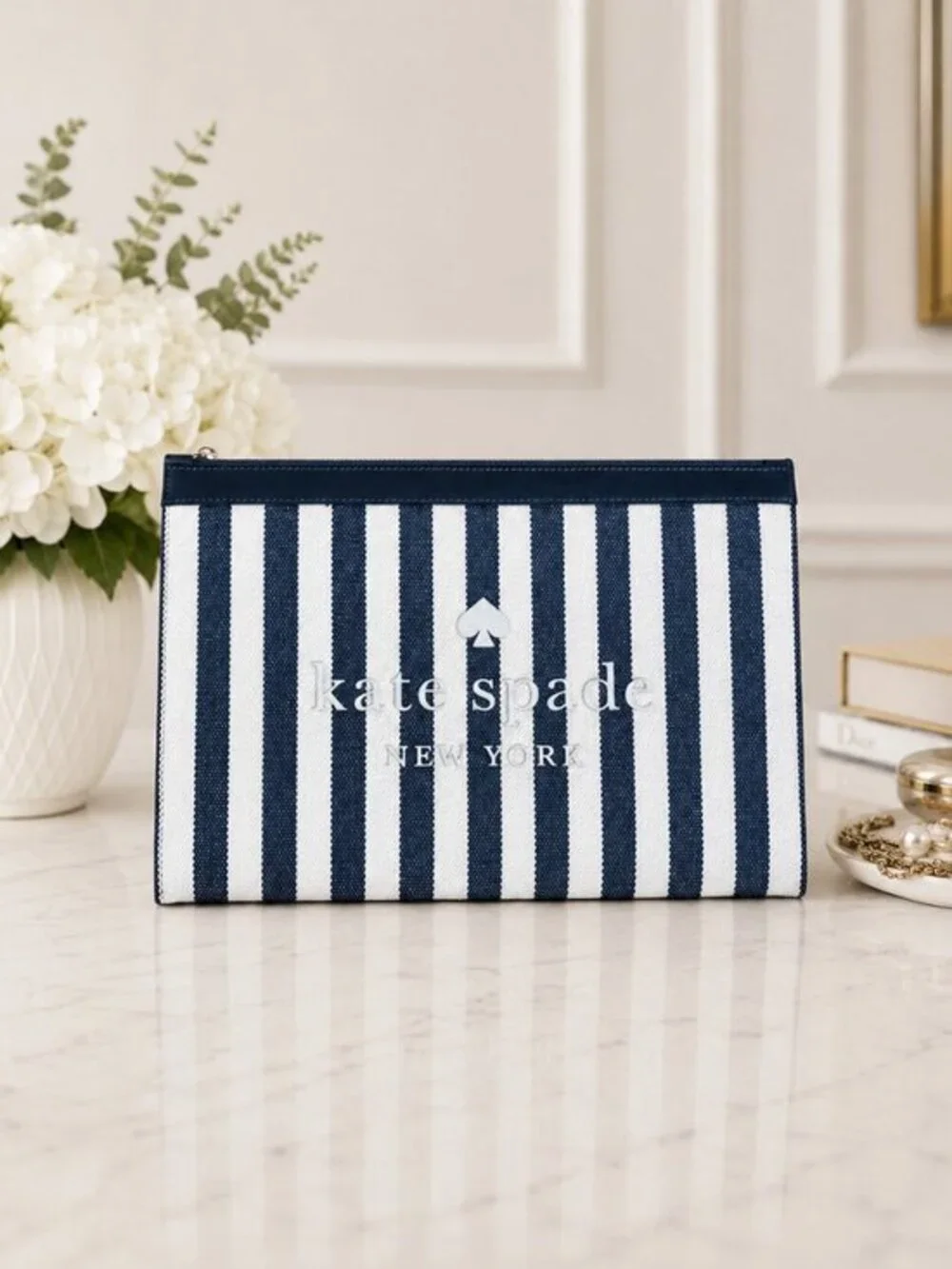 Kate Spade Blue White Stripe Canvas Zip Pouch Leather Trim NWT